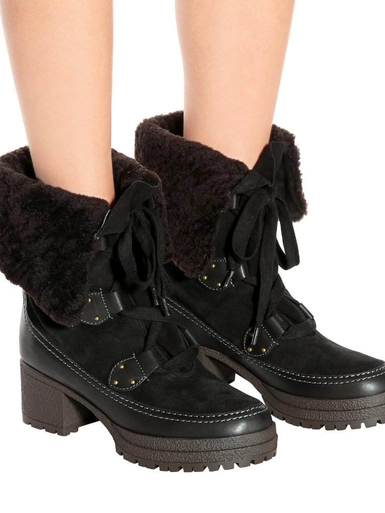 See By Chlo Lace-Up Shearling & Suede Black Boots Eu 41 / Us 10